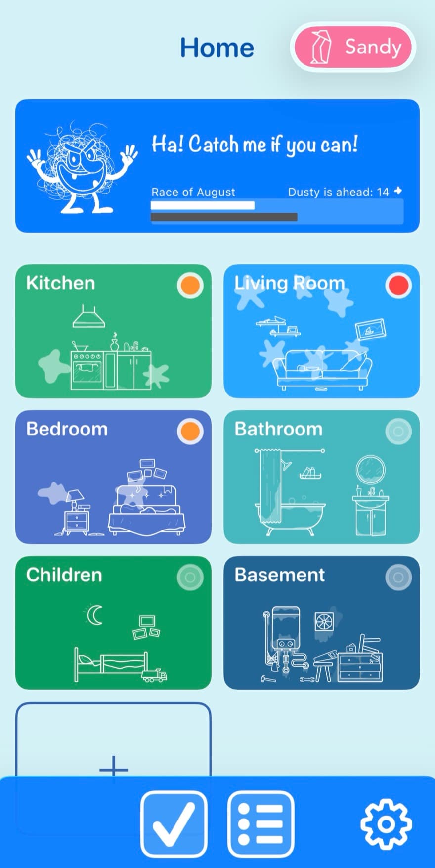 Tody's home screen with every room as a tile carrying a color-coded dueness indicator, plus the monthly race against Dusty