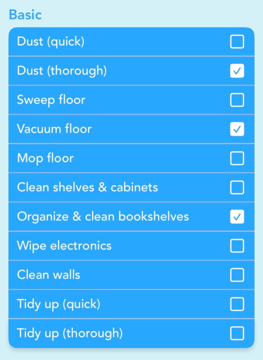 Step 1 of setting up a room in Tody: ticking tasks from the built-in task library
