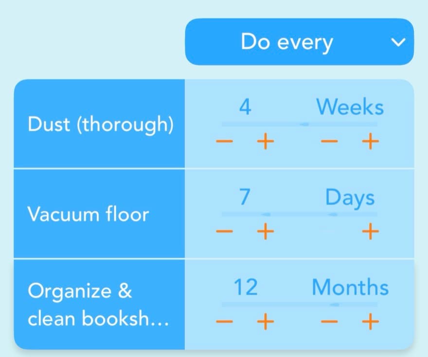 Step 2 of setting up a room in Tody: adjusting how often each selected task should be done, from days to months