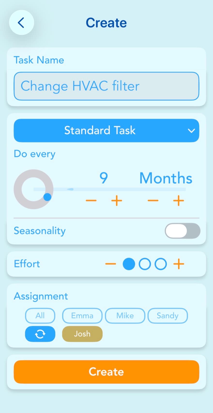 Creating a custom task in Tody: Change HVAC filter, done every 9 months, with effort, seasonality, and assignment options